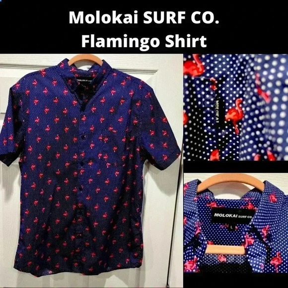 Molokai Surf Co Novelty Flamingo and polka dots button down short sleeve shirt - Picture 1 of 9